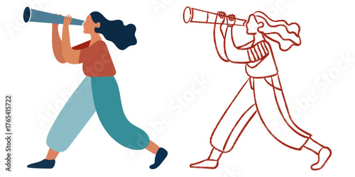 Creative vector illustration of woman explorer looking through telescope binoculars
