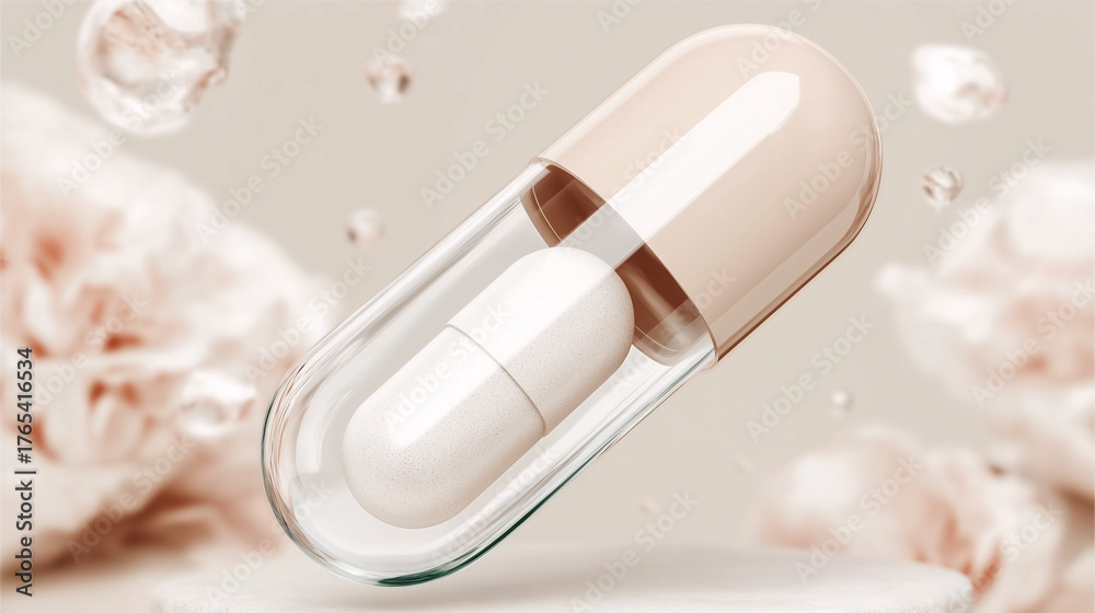 Obraz premium Transparent capsule on a pink palette background, subtle reflection — a pack and beauty shot for serums and cosmetics.