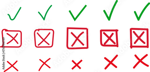 Check tick mark icon set, hand drawn doodle red cross box and green check mark