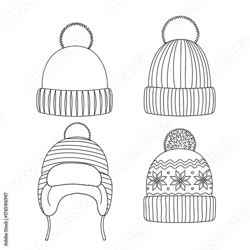 Set of winter hats with different designs, cold weather clothing accessory variety