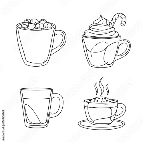 Set of four hot beverages line icons, winter holiday drink illustration