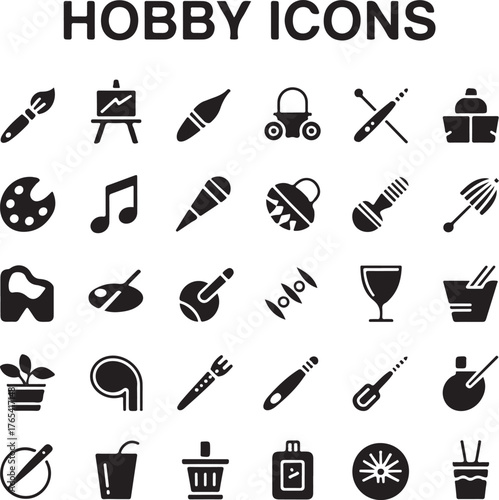 Diverse collection of 30 minimalist hobby icons representing various creative pursuits and pastimes