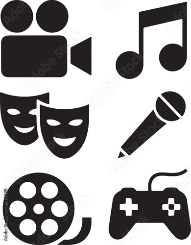 Set of icons representing entertainment and media filming music theater microphone film reel and gaming controller symbol collection