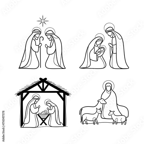Nativity scene icons depicting holy family with star, manger, and animals, Christmas religious symbol set