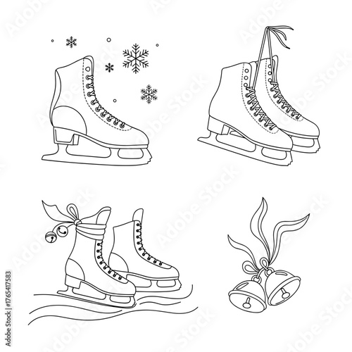 Set of ice skates with snowflakes and bells, winter sports and holiday decoration