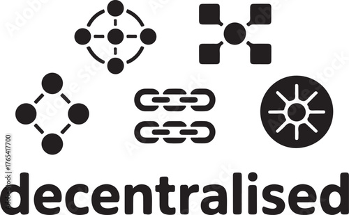 Abstract minimalist icons representing decentralization network connections data structure and technology concepts