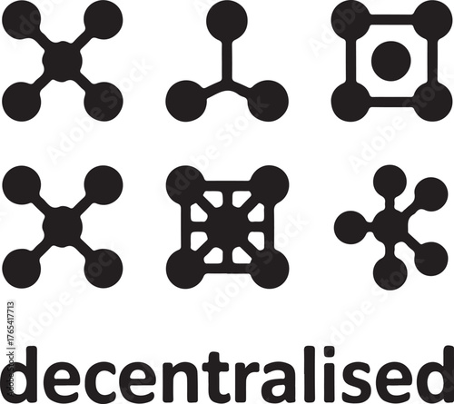 Minimalist icon set representing decentralized networks and connectivity abstract geometric shapes connected atoms