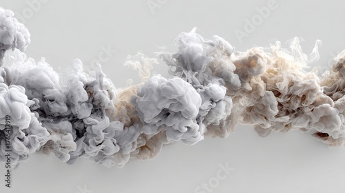 Close up view of abstract, textured cloud like formations blending grayscale and warm earthy tones against a clean white backdrop, showcasing intricate details and organic shapes.