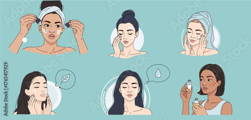 Illustration showing skincare routine steps, including applying serum, moisturizing, and facial massage techniques.