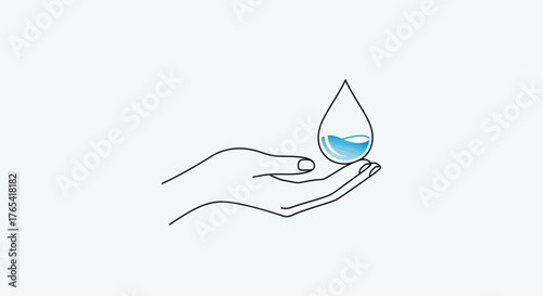 Human hand carefully holding a single blue water drop illustration.
