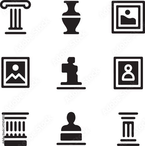 Collection of museum and art gallery icons including classical columns paintings vases and sculptures for visual design projects
