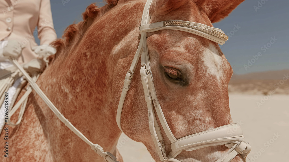 Obraz premium Close-up of a horse’s head in bridle — emotive shot for animal care, harness gear and decorative equine content.