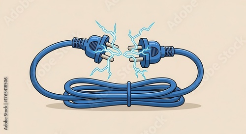 Blue Electric Plug Cartoon with Sparks on Beige Background