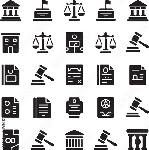 Collection of 24 minimalist legal and justice system icons representing law courts buildings and scales of justice