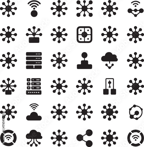 Minimalist digital icons set representing network connections data transfer cloud computing and cybersecurity concepts