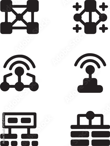 Collection of six minimalist black network and data connection icons for tech and digital concepts