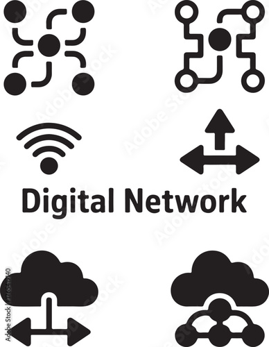 Set of minimalist icons representing digital network connectivity data transfer cloud storage and wireless signal transmission