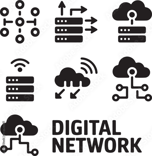 Set of six minimalist icons representing digital networks cloud computing servers and data connectivity solutions for technology concepts
