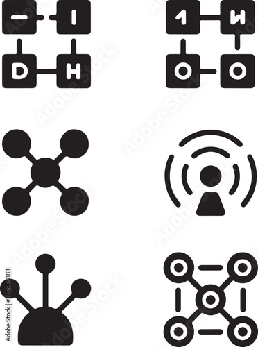 Six minimalist icons representing network connectivity data flow and communication systems concepts simple shapes