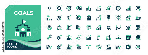 Goals colorful vector icon set. Contains filled symbols like target, win, achieve, strategy, achievement, business and more. Flat icons set. Strategy solid icon set. Editable vector. Pixel perfect.