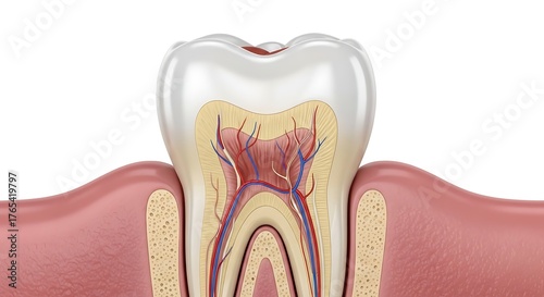 Healthy White Tooth Cross Section with Gums on White Background