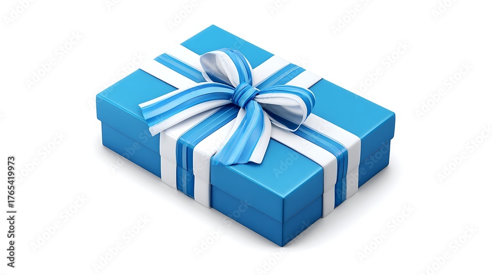 Obraz premium Blue gift box sits on white background. Present with ribbon and bow for marketing, graphic design, web.