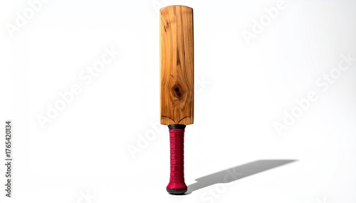 Wood cricket bat, red grip, cast shadow on white surface