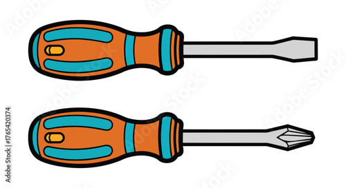 Two screwdrivers with orange handles, one flathead and one phillips head