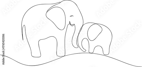 Two elephants one large one small continuous line drawing