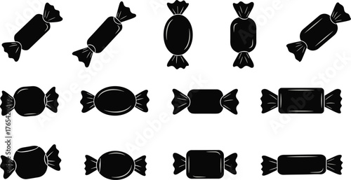 Silhouette candy vector, black wrapped sweets, assorted shapes, Halloween treat icons, minimal design, educational graphic, decorative silhouette elements