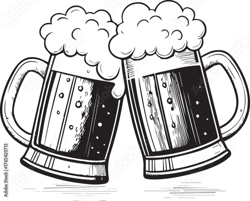 Illustration of Two Frothy Beer Mugs Clinking Together in a Celebration	