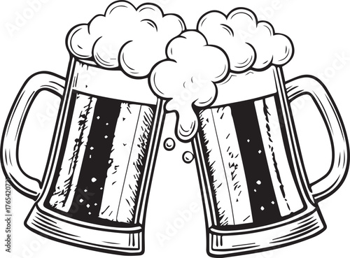 Illustration of Two Frothy Beer Mugs Clinking Together in a Celebration	