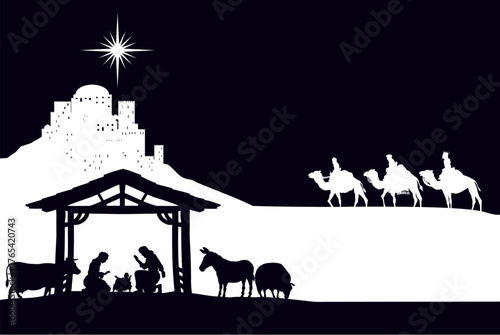 A Christmas nativity scene with baby Jesus in the manger, wise men and city of Bethlehem in the background