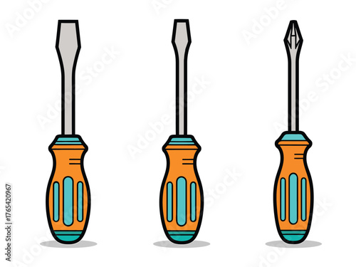 Three screwdrivers with orange handles, a tool for tightening or loosening screws