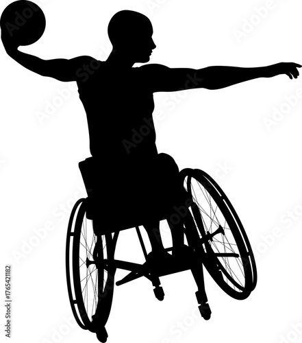 Silhouette of male athlete man in sports wheelchair basket baller basketball player.