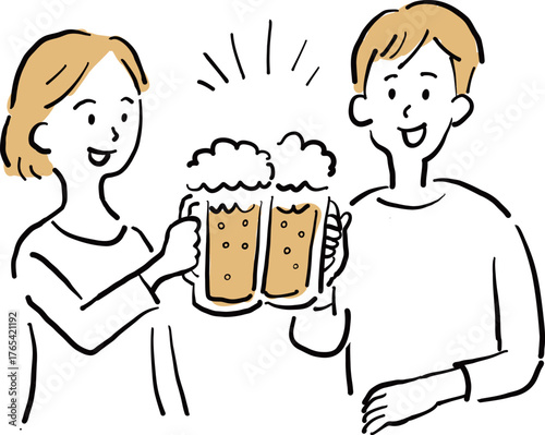 Hand-drawn illustration of a couple cheering with beer mugs