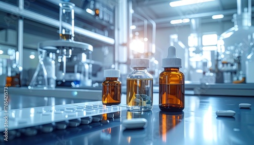 Close-up of various pharmaceutical bottles and pills on a sterile laboratory surface, emphasizing drug formulation, quality control, and medical research in a modern facility.