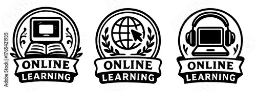 B-オンライン学習を象徴する丸型エンブレム、Round Emblem Symbolizing Online Learning