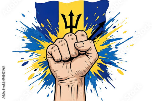 Illustration of a clenched fist against a background of splashes of the colors of the Barbados flag, symbolizing strength and independence.