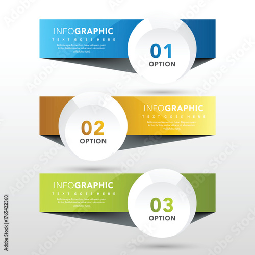 Three colorful infographic banners with numbered options and text placeholders for presentations and reports