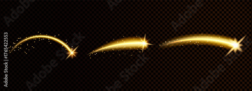 Shooting stars arc light set. Magic golden arch curve lines. Stardust on night sky collection. Meteor with glowing glimmer trail and dust. Vector illustration on transparent background.