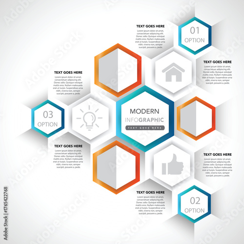 Modern hexagonal infographic template with icons and text boxes for business and technology concepts
