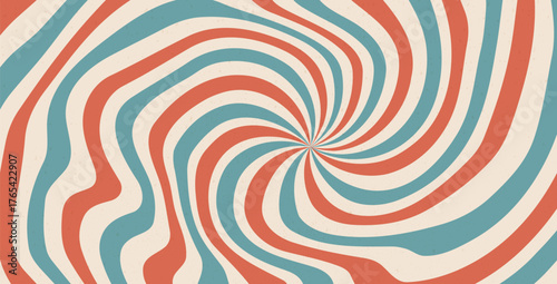 Groovy spiral wavy circus pinwheel. Retro starburst liquid background. Sun creative red and blue rays abstract illustration. Vector carnival decoration. Radial stripes vintage backdrop pop art design.