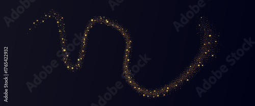 Gold glitter magic dust curvy lines on dark nigh sky. Shimmer spray effect for celebration. Shiny confetti, stardust light powder texture. Festive particles on dark background. Vector illustration.