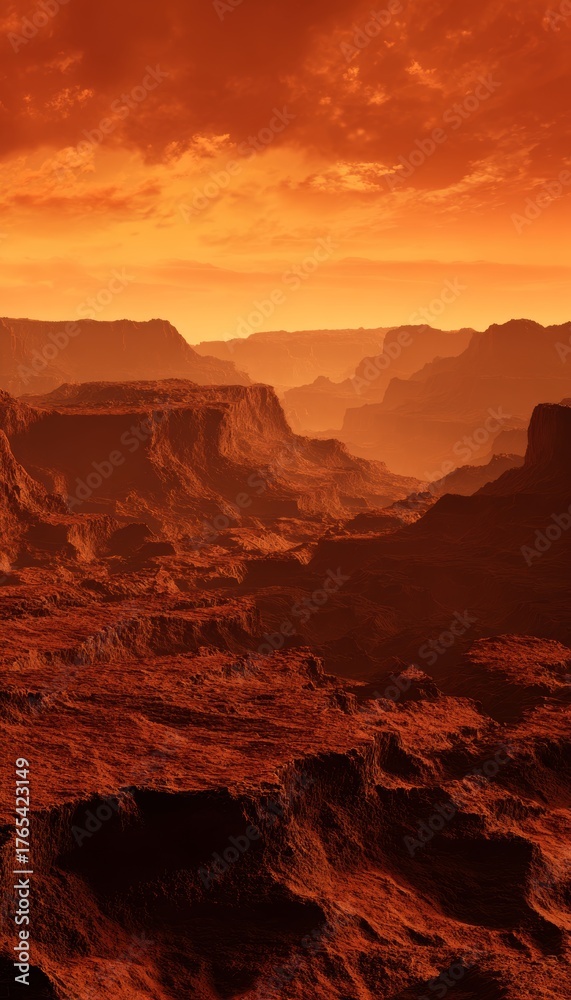 Naklejka premium Hyper realistic red canyons under a fiery orange sky with rolling dust clouds and dramatic shadows