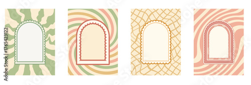 Arch scallop groovy frames banners template set. Wavy edges geometric doodles. Wave arc borders on distressed lines and grid background. Poster with door portal elements. Vector retro illustration.