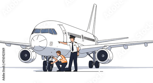Illustration of two mechanics working on an airplane with one standing and pointing while the other is crouched down.