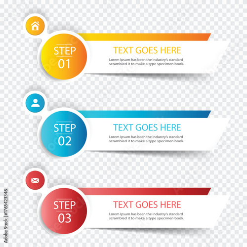 Three colorful horizontal steps with icons and text boxes for presenting information or progress
