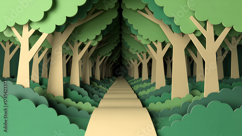 Paper art forest path with trees and foliage