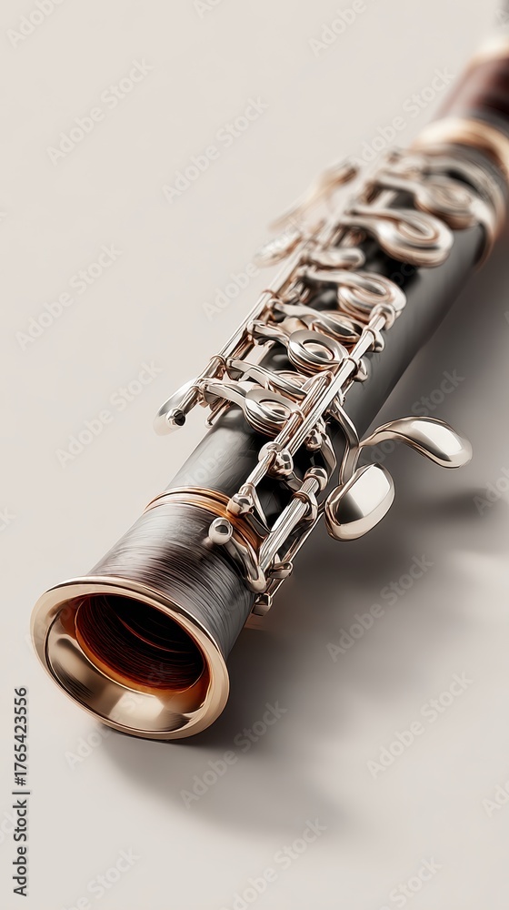 Naklejka premium A detailed macro shot of a vintage clarinet focusing on its intricate silver keys and the dark wood grain. The instrument rests on a plain, neutral surface, highlighting its craftsmanship.